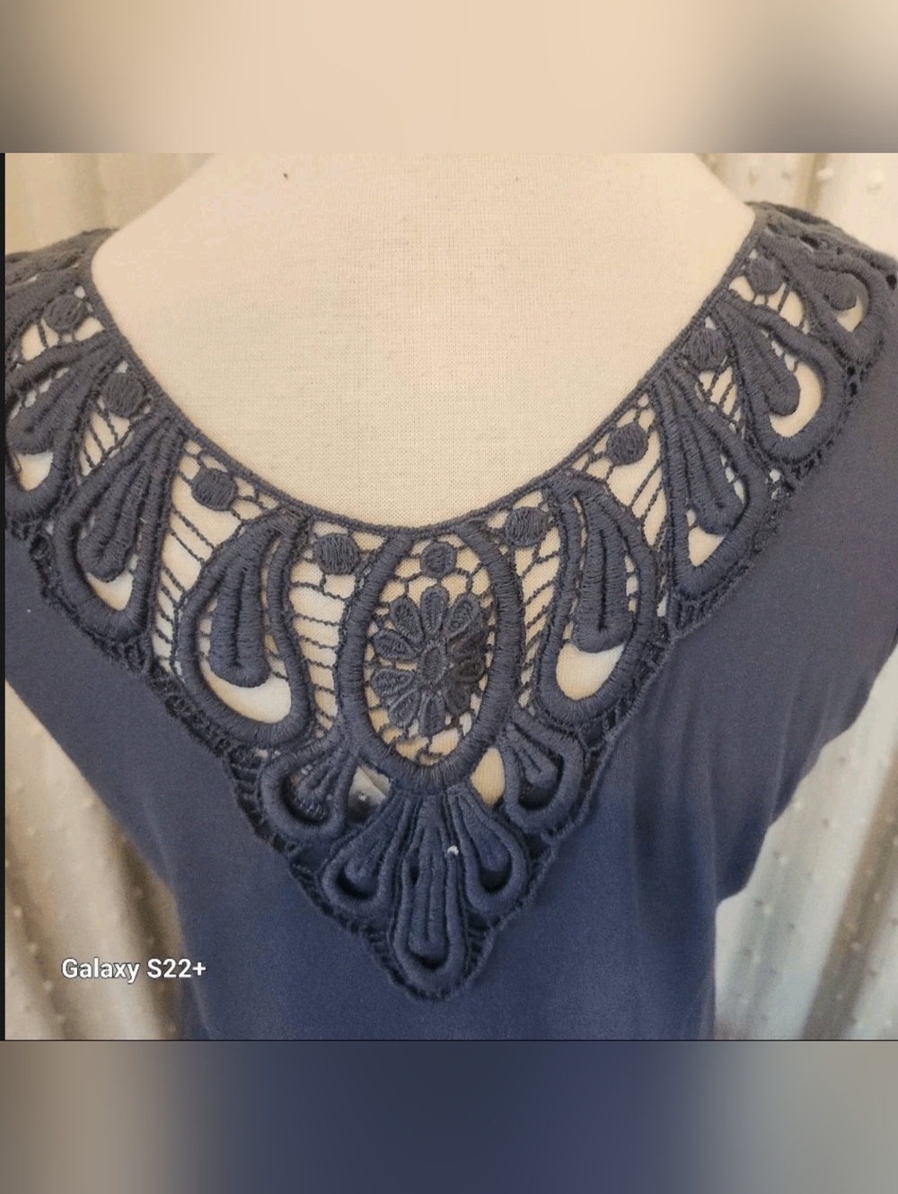 T16 Fringed Woven Yoke Western Tank Top w lace inset back - Slate Blue - Picture 6 of 8